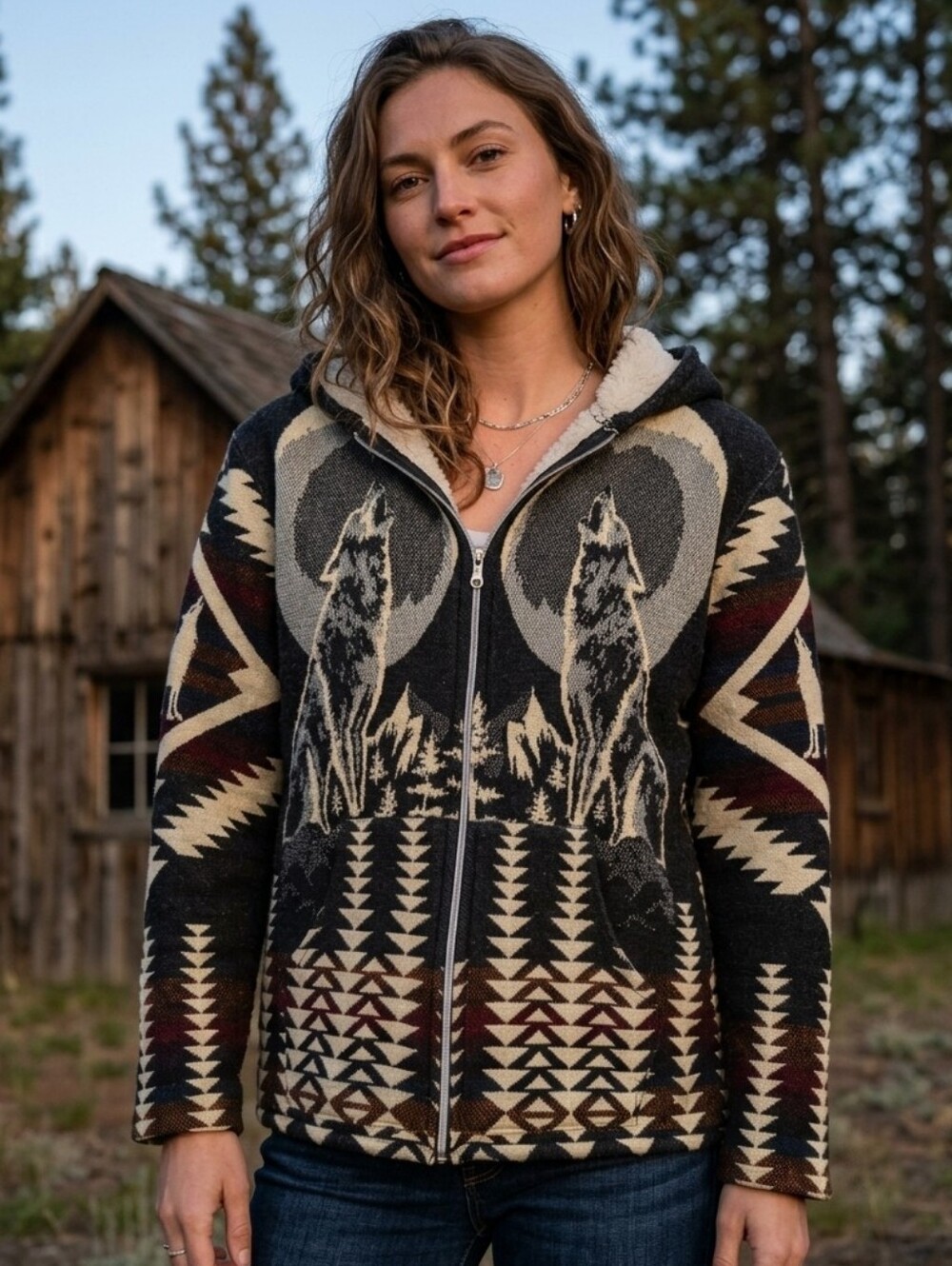Vintage Southwestern Wolf Sherpa Lined Full Zip Hoodie Jacket Aztec Print